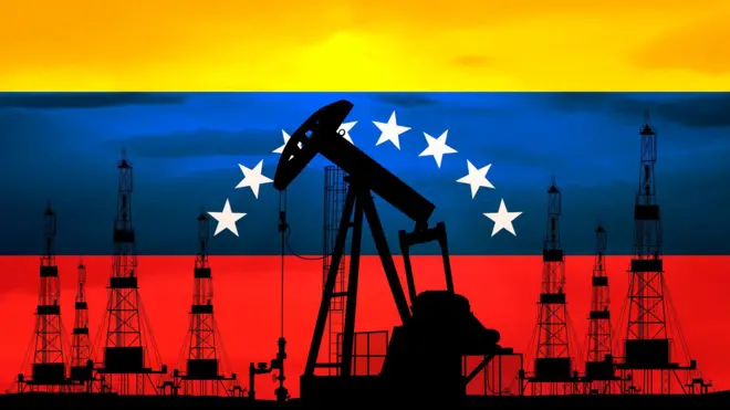 تصویرسازی که پرهیب چاه‌های نفت را نشان می‌دهد و در پسزمینه پرچم ونزوئلا است