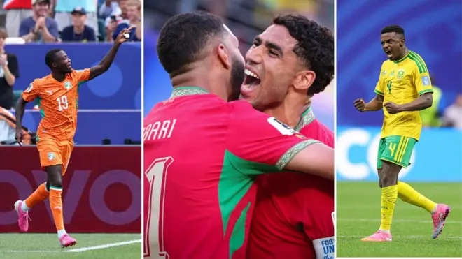Nicolas Pépé wear Ivory Coat orange colour jersey, Achraf Hakimi ans Ismael Saibari wear Morocco traditional red jersey while Tehobo Mokoena wear South Africa yellow jersey.