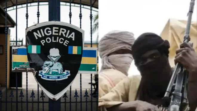 Aworan aworan idanimọ ọlọpaa ti wọn fi kọ ẹnu iloro agọ ọlọpaa kan wa lapa ọtun, aworan agbebọn kan to fi aṣọ dudu po imu mọẹnu pẹlu ibọn lọwọ rẹ.