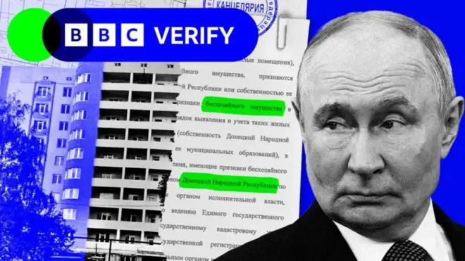 Колаж: логотип BBC Verify, багатоповерховий будинок, документ російською мовою та портрет Володимира Путіна.