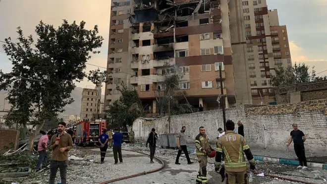 A view of a damaged building in the Iranian capital, Tehran, following an attack, on June 13, 2025