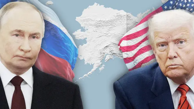 Путин и Трамп на фоне карты Аляски и флагов России и США