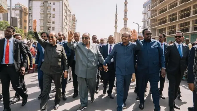 MM Abiy Ahmad, Prezdaant Ismaa'el Omar Geelee fi Prezdaant Hasan Sheek Mahamuud Buufata xiyyaaraa Jigjigaatti Amajjii 31, 2026