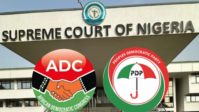 Supreme Court entrance wit ADC and PDP logos under