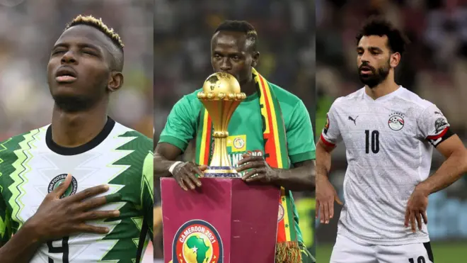 Collage fotos of Oshimhen, Mane and Salah