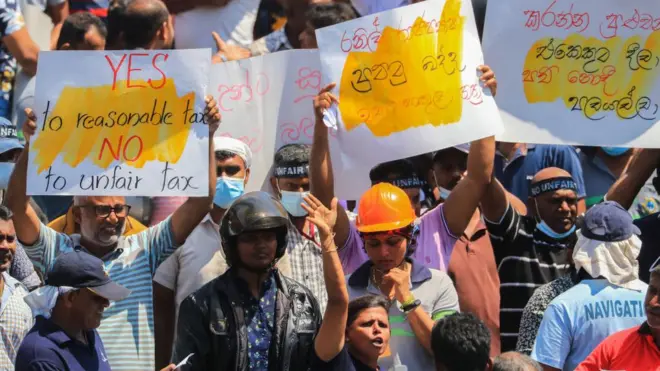 Members of Trade Unions of Sri Lanka protest against President Ranil Wickremesinghe over a massive increase in personal income tax due to the country's worst economic crisis in Colombo, Sri Lanka, on February 8, 2023