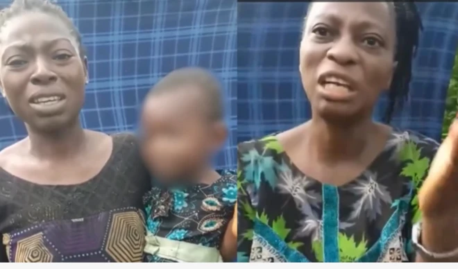 Olukọ agba ile ẹkọ Esinele ati obinrin kan to gbe ọmọ dani, oju wọn kọrẹ lọwọ, wọn n bẹbẹ.