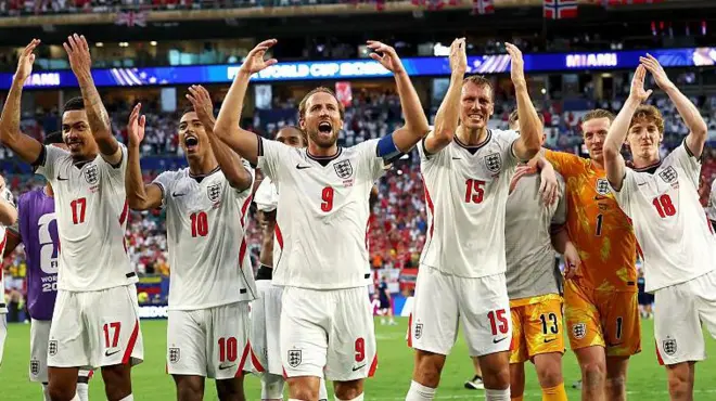 England players celebrate reaching the World Cup semi-final