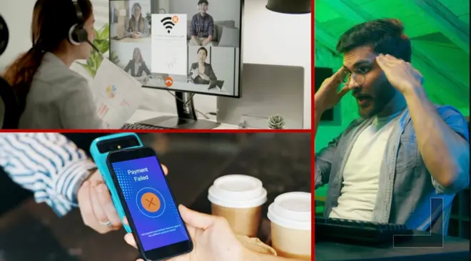 මෙහි ඡායාරූප තුනක් එකට සම්බන්ධ කර තිබේ. එකක තරුණියක් අන්තර්ජාලය හරහා තවත් පිරිඉසක් සමග සංවාදයක් කරන අයුරු දැක්වෙන අතර අන්තර්ජාලය දුර්වල බවට ඇගේ පරිගණක තිරයේ දිස්වේ. අනෙක් ෆොටෝ එකේ ජංගම දුරකතනයකින් අන්තර්ජාල වේගය මනින ආකාරයත්, තුන්වැනි ෆොටෝ එකේ කණ්නාඩි පැළඳි තරුණයෙකු නළලට අත්දෙක තබාගෙන සිටින ආකාරයත් දැක්වේ.