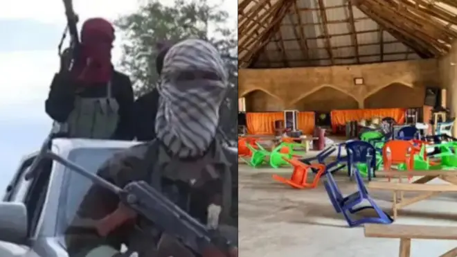 Awọn agbebọn to daṣọ boju gbe ibọn lọwọ, ati aga ijokoo to ti daru ninu ṣọọṣi 