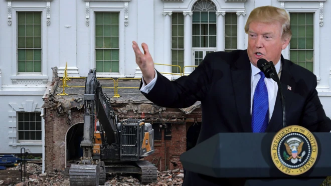 Donald Trump raise im hand wit image of White House East wing