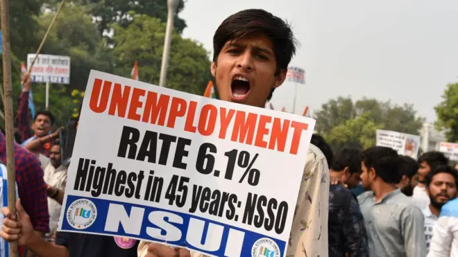 दिल्लीमध्ये 2019 साली बेरोजगारीविरोधात झालेल्या आंदोलनात सहभागी झालेला एक तरुण.