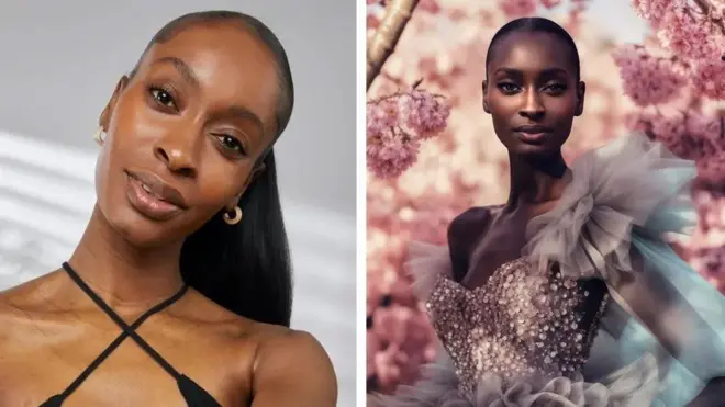 Model Alexsandrah (left) says her AI twin (right) can do jobs that she can't get to