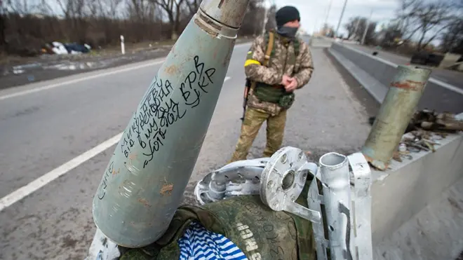 Wetin remain of one cluster bomb rocket wey Ukrainian army collect from di war front 