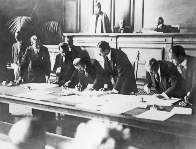 The signing of the Treaty of Lausanne, in the Palais de Rumine, Lausanne, Switzerland, 24th July 1923. The treaty marks the end of the conflict between the Ottoman Empire and allied countries, which began in 1914. The treaty is ratified by representatives of each country present in the conflict: Great-Britain, France, Italy, Romania, the Kingdom of Serbia, Croatia and Slovenia, Greece and Turkey. The Turkish delegation is led by foreign minister İsmet İnönü. (Photo by Keystone-France/Gamma-Keystone via Getty Images)