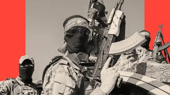 Ilustración que incluye fotos de combatientes de Hamás. Uno de ellos sostiene un rifle automático