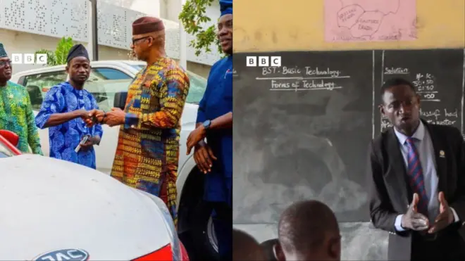 Aworan ibi ti Ọgbẹni Solankẹ ti n bọwọ Gomina Dapọ Abiọdun ti ipinlẹ Ogun lasiko to n tẹwọ gba ẹbun rẹ, wa lapa osi nigba ti aworan olukọ naa lasiko to fi n kọ awọn akẹkọọ ninu kilaasi wa lapa ọtun