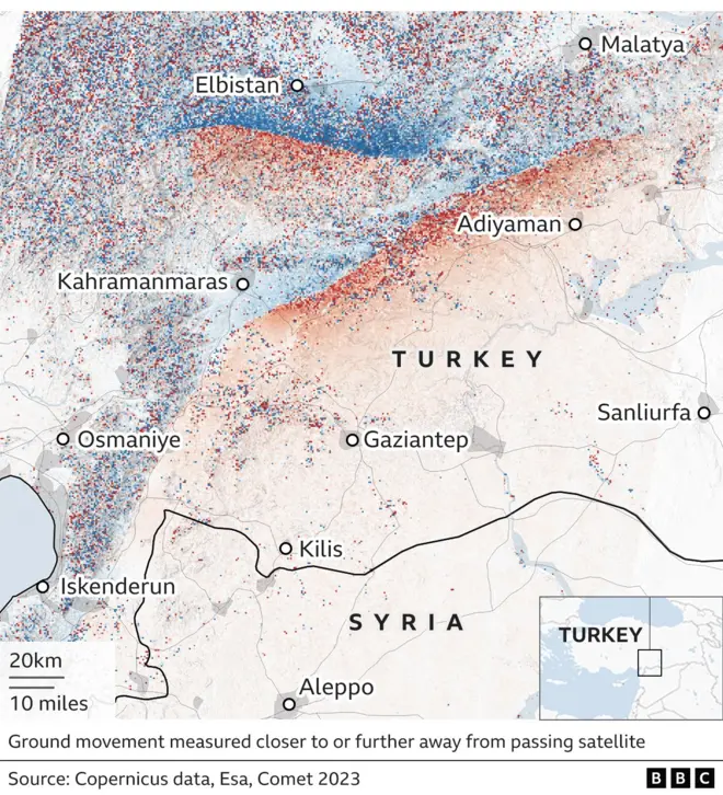 স্যাটেলাইটে ধারণ করা তথ্যের ভিত্তিতে তুরস্কের ভূমিকম্পের ফাটলরেখার চিত্র