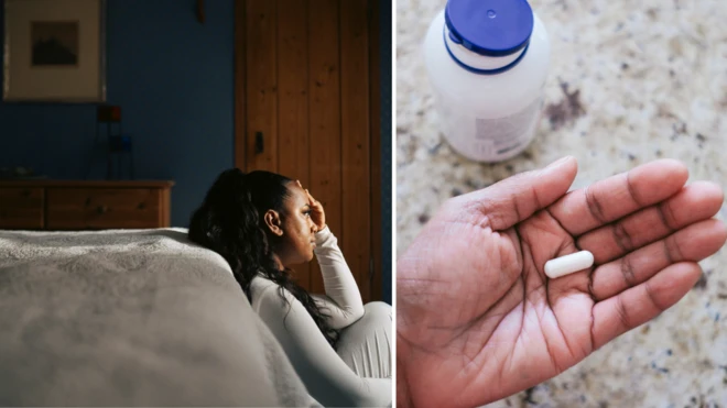 A collage of a woman on the floor and a hand with a tablet
