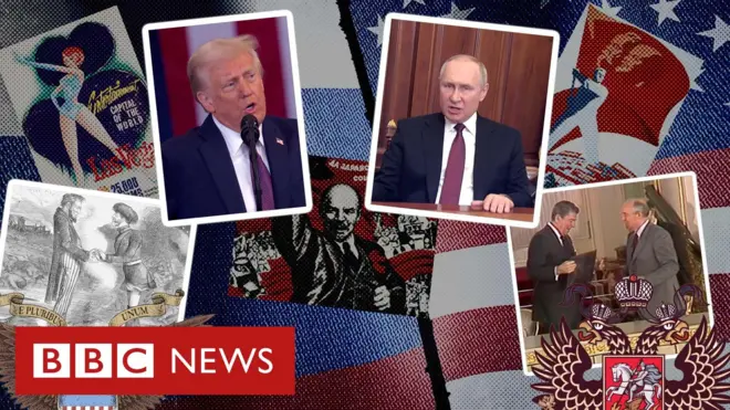 Montagem com imagens de Trump, Putin e imagens históricas