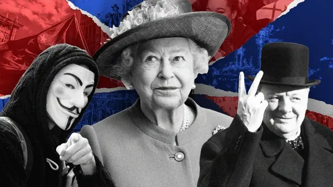 Британский флаг, Гай Фокс, королева Елизавета II, Уинстон Черчиль