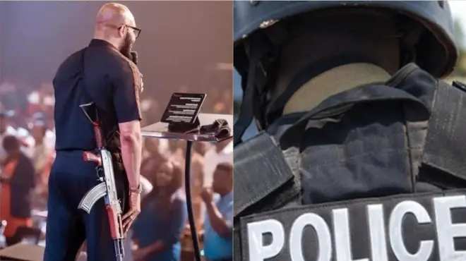 Aworan Pasitor Aigbe pẹlu ibọn lori pẹpẹ ati ẹyin aṣọ ọlọpaa kan