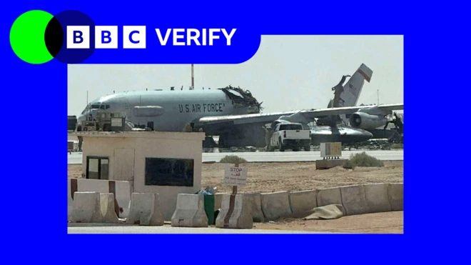 A grey USAF E-3 Awacs plane which has been torn in two after a reported Iranian attack at an air base in Saudi Arabia