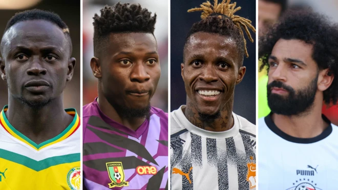 Al-Nassr and Senegal striker Sadio Mane, Manchester United and Cameroon goalkeeper Andre Onana, Galatasaray and Ivory Coast forward Wilfried Zaha and Liverpool and Egypt talisman Mohamed Salah playing football