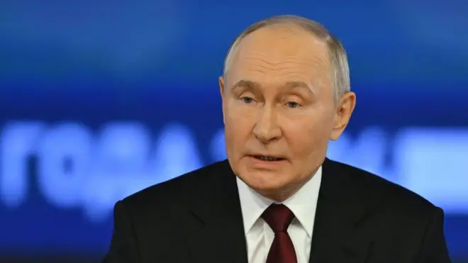 الرئيس الروسي فلاديمير بوتين خلال مؤتمره صحفي لنهاية العام، موسكو، 19 ديسمبر/كانون الأول 2024.