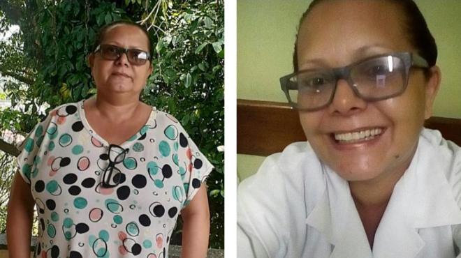 Duas fotos de Katia Silene: uma imagem atual e outra com jaleco, de quando atuava como enfermeira