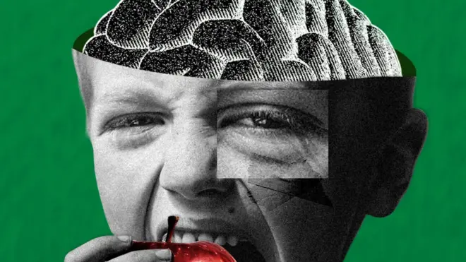 一個小孩在吃蘋果的拼接圖，以及一個大腦的插圖