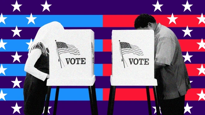 تصویرسازی از یک مرد و زن در حال رای دادن با پرچم آمریکا در پسزمینه