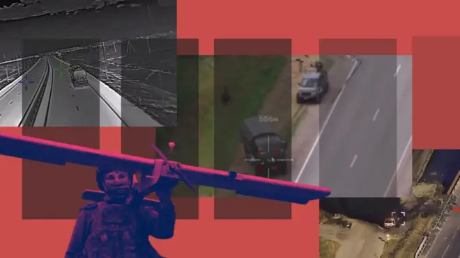 Колаж зобаження автотехніки і військового, який тримає дрон