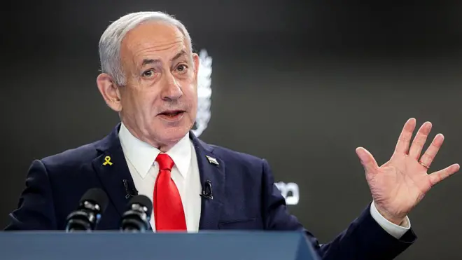 Israel's Prime Minister Benjamin Netanyahu gives a press conference at the Prime minister's office in Jerusalem on August 10, 2025.