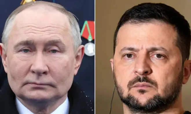 Di only face-to-face meeting between Russian President Vladimir Putin (left) and im Ukrainian counterpart Volodymyr Zelensky (right) na for December 2019 for Paris