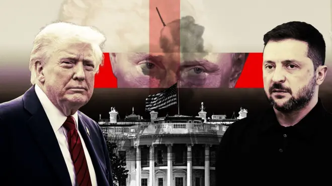 Коллаж, на котором Дональд Трамп и Владимир Зеленский изображены на фоне Белого дома и Владимира Путина, смотрящего на них сверху