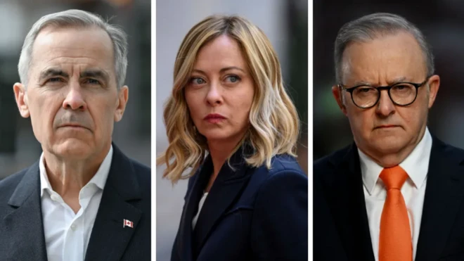 Ra’iisul wasaare Mark Carney Kanada (Bidix), Giorgia Meloni (Dhexda), iyo Anthony Albanese oo ka socda Austraaliya (Midig). 