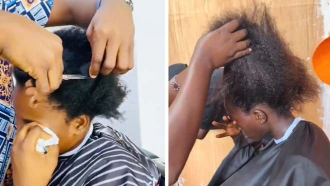Two black girls at the barbershop with their being forcefully cut, while they sit through the agony and emotions