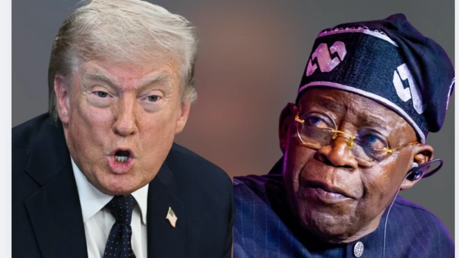 Aworan Donald Trump to wọ kootu dudu, o n sọrọ, Tinubu de fila omi aro o n wo ẹgbẹ
