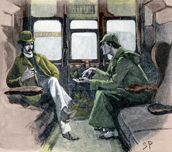 Sherlock Holmes e o Dr. Watson em um trem para Devon para investigar um assassinato e o desaparecimento de um famoso cavalo de corrida. Ilustração para "A Aventura de Silver Blaze", uma história de Sherlock Holmes de Arthur Conan Doyle, publicada na revista The Graphic, em 1901.