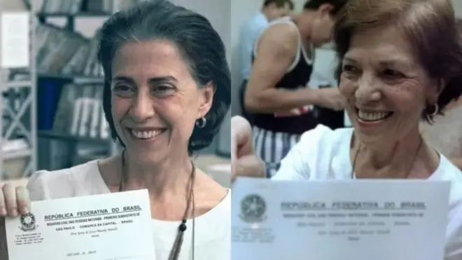 Eunice Paiva (à dir.) após conseguir certidão de óbito do marido, Rubens Paiva;  Fernanda Torres (à esq.) interpretando a mesma cena em 'Ainda Estou Aqui'