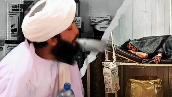 A composite image of a man spraying water out of his mouth, over an image of a woman lying in a hospital and an image of boxes and bottles of medicine.