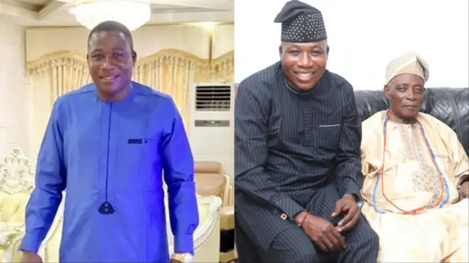 Aworan Igboho ninu ile kan lapa ọtun, pẹlu aworan Igboho ti o joko lẹgbẹ Olubadan ti ilẹ Ibadan.