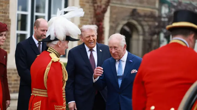 Di Princess of Wales, di Prince of Wales, US President Donald Trump and King Charles III for Windsor Castle in Windsor, Berkshire, on day one of di president second state visit to di UK