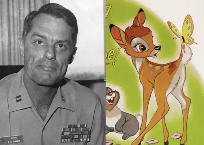 Donnie Dunagan quando servia à Marinha Americana e detalhe de cartaz de 'Bambi', filme da Walt Disney