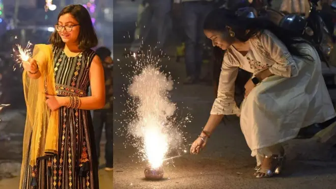 దీపావళి సందర్భంగా టపాసులు పేల్చుతున్న అమ్మాయిలు