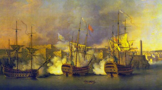 Pintura de un asalto al puerto de La Habana en el siglo XVIII