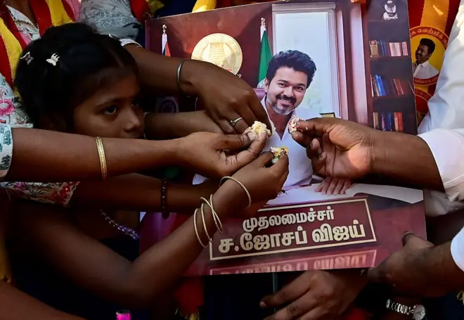 Party Workers of Tamilaga Vettri Kazhagam (Maharashtra) in Dharavi celebrate after Joseph Vijay Chandrasekhar took oath as the Chief Minister of Tamil Nadu, on May 10, 2026 in Mumbai, India. 