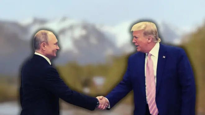 Колаж - Путін тисне руку Трампу на тлі гір Аляски