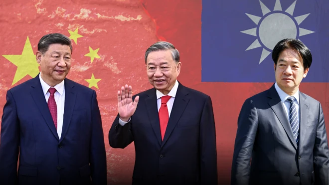 Ảnh thiết kế: từ trái qua: Chủ tịch Trung Quốc Tập Cận Bình; Tổng Bí thư, Chủ tịch nước Việt Nam Tô Lâm; Tổng thống Đài Loan Lại Thanh Đức